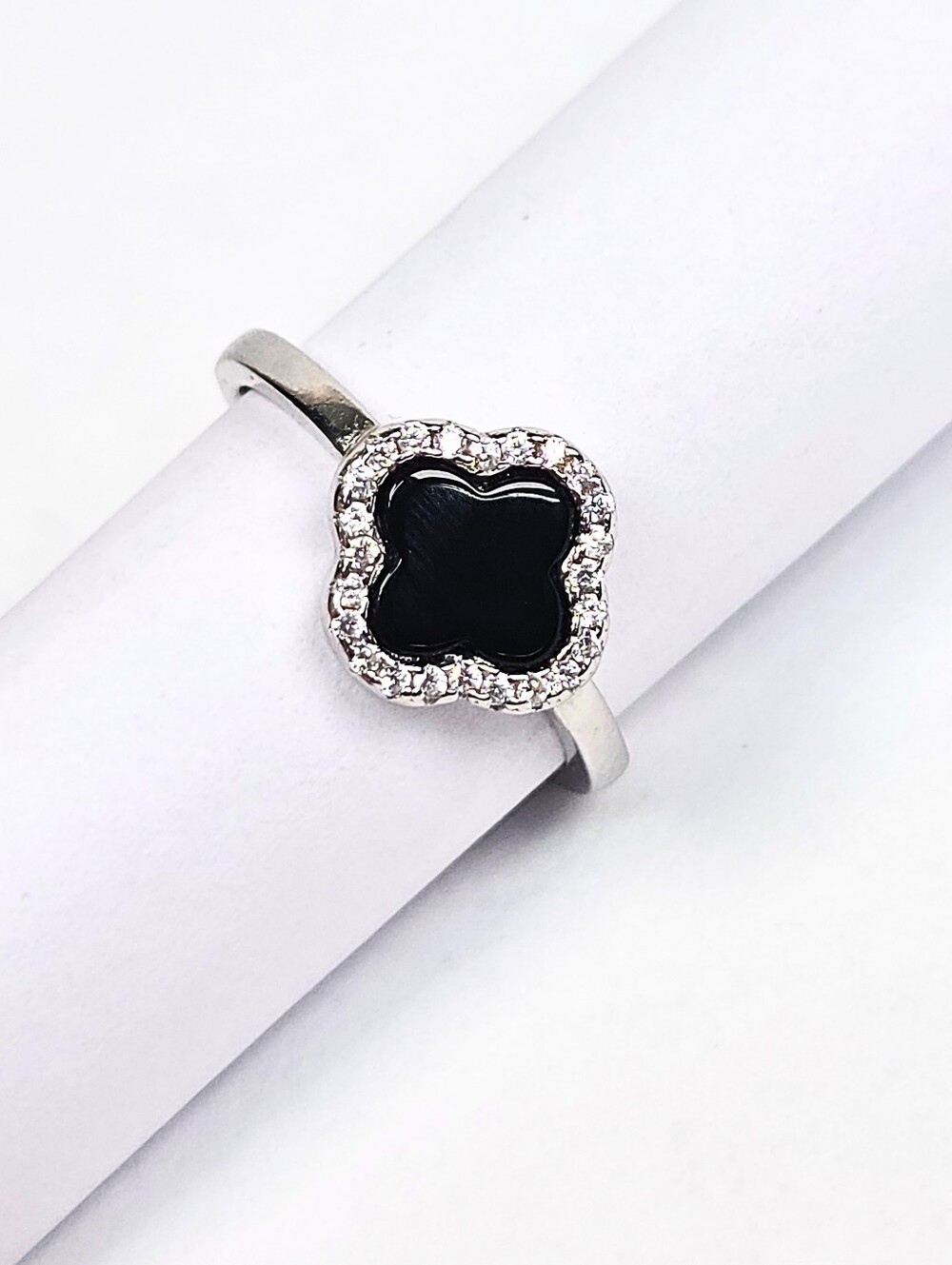 Van Inspired Black Clover 4-Leaf Flower Ring 925 Sterling Silver Rhodium